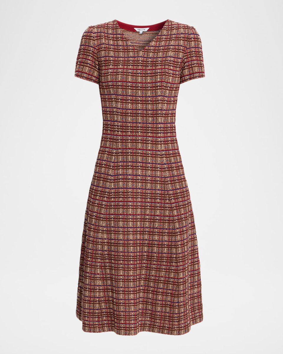 A-Line Plaid Multi-Stitch Knit Midi Dress